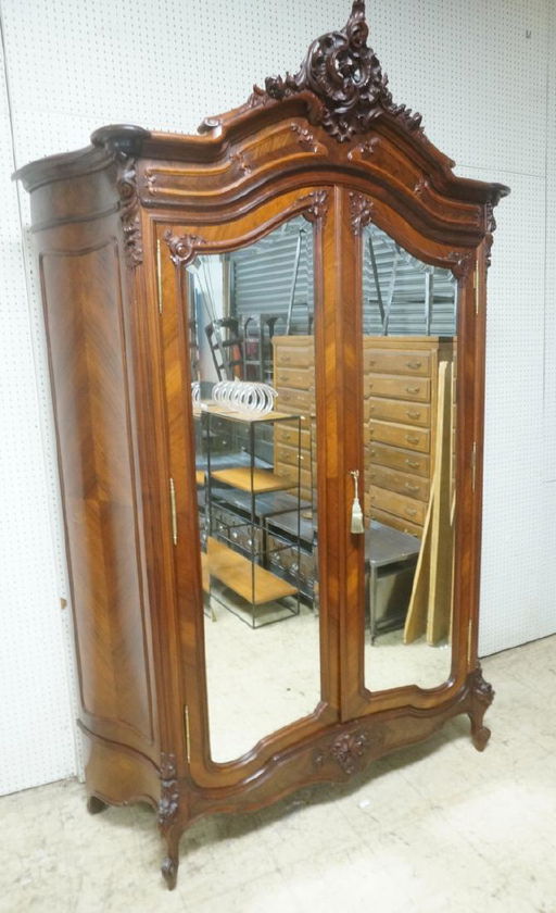 Large French Carved Crest Mirrored Front Armoire