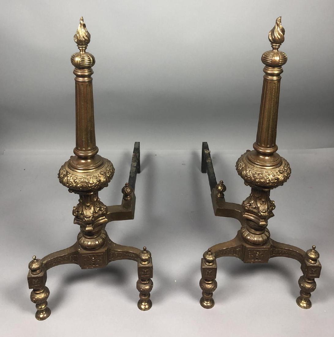 Pr  Heavy Brass Ornate Andirons. Twisted flame fi (1 of 6)