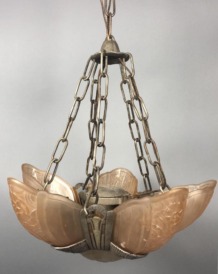 Art Deco Metal Glass Hanging Pendant Chandelier.: Art Deco Metal Glass Hanging Pendant Chandelier. Frosted amber color floral deco shades.-- Dimensions: H: 17 inches: W: 16 inches: D: 16 inches ---