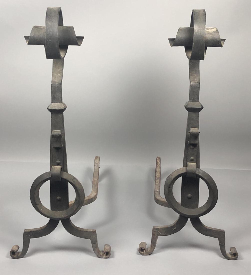Pr Heavy Black Iron Rolled Finial Andirons. Heavy: Pr Heavy Black Iron Rolled Finial Andirons. Heavy ring detail. -- Dimensions: H: 28 inches: W: 12 inches: D: 23 inches ---