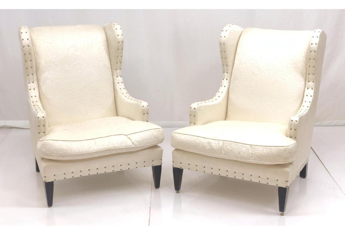 Pr Tall Cream Upholstered Wing Back Arm Chairs. F (1 of 11)