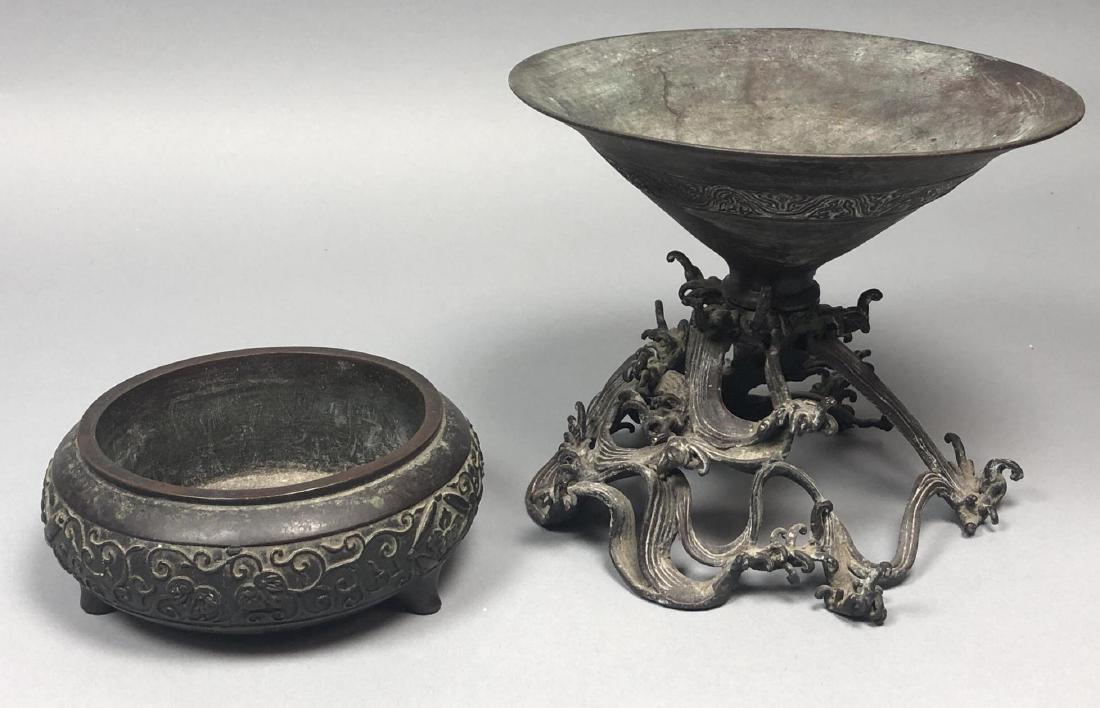 Asian Bronze Bowls & Stand. Signed conical bronze (1 of 10)