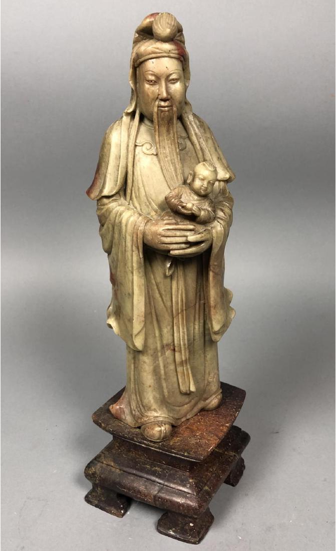 Chinese Soap Stone Figure of Immortal with Child.: Chinese Soap Stone Figure of Immortal with Child.-- Dimensions: H: 14 inches: W: 4 inches: D: 4 inches ---