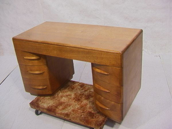 HEYWOOD WAKEFIELD Desk with bowed drawers. Shiny L: HEYWOOD WAKEFIELD Desk with bowed drawers. Shiny Light lacquer finish. Dimensions: H: 30 inches: W: 50 inches: D: 23.5 inches Condition: Very Good condition. US Shipping charge: Pick up or shipping qu