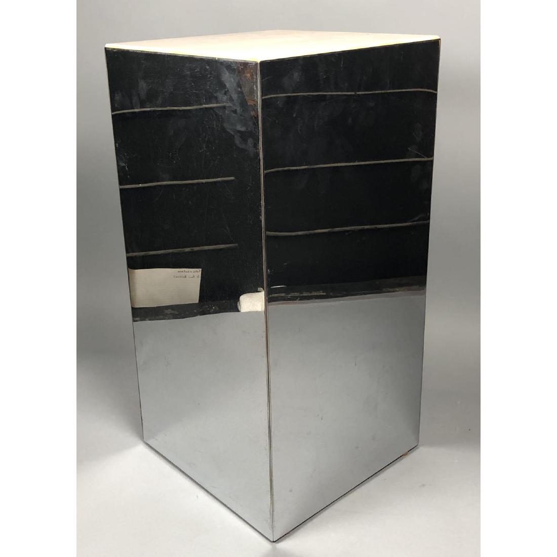 Kovacs style Chrome Modernist Display Pedestal. S: Kovacs style Chrome Modernist Display Pedestal. Square Chrome Column with inset Travertine Top. -- Dimensions: H: 24 inches: W: 12 inches: D: 12 inches ---