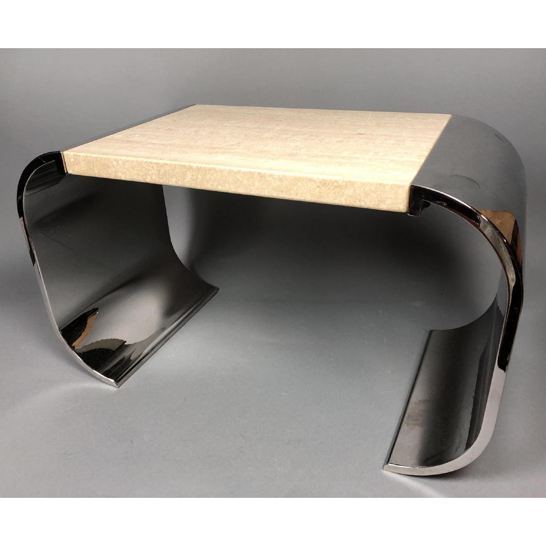 BRUETON Travertine & Chrome Side Table. Travertin: BRUETON Travertine & Chrome Side Table. Travertine top inset on bowed "C" chrome legs. Not marked.-- Dimensions: H: 14.25 inches: W: 26 inches: D: 12 inches ---