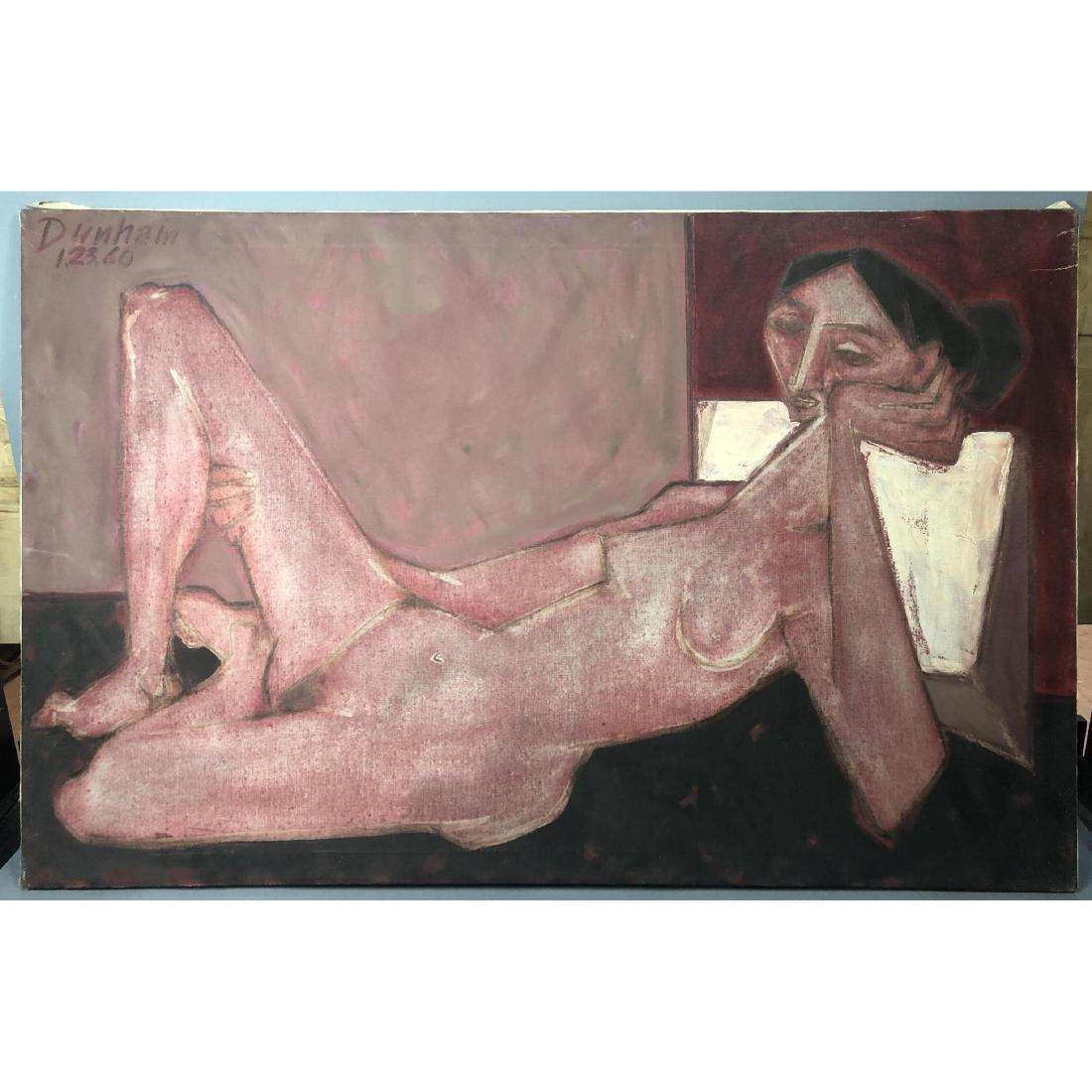 JACQUES DUNHAM Lg Modernist Figural Nude Oil Pain: JACQUES DUNHAM Lg Modernist Figural Nude Oil Painting. Reclining woman with pillow. Rosey pink red palette. Signed and date 12/80. Oil on canvas. Stretched canvas not framed. Jacques Ralph Dunham. He 