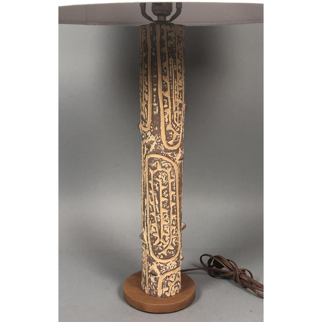 Design Technics Attributed Ceramic Column Table L: Design Technics Attributed Ceramic Column Table Lamp. Sculptural relief design, wood base. Not marked. Ceramic part is 19" tall.-- Dimensions: H: 31 inches: W: 19.5 inches: D: 19.5 inches ---