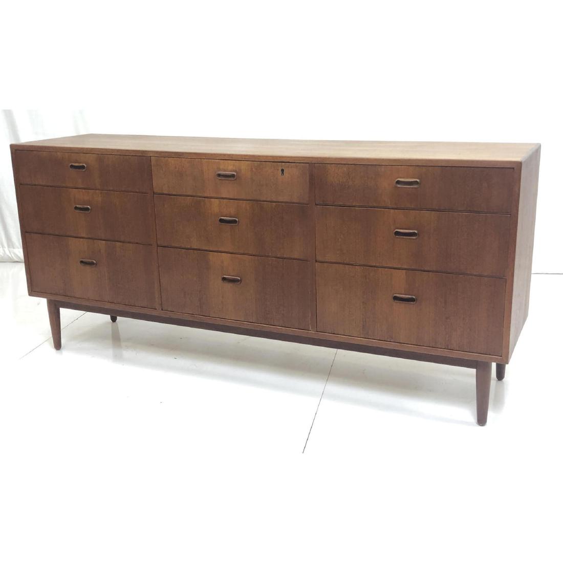 Danish Modern Teak Credenza Sideboard. Recessed w: Danish Modern Teak Credenza Sideboard. Recessed wood pulls, tapered peg legs.-- Dimensions: H: 32.5 inches: W: 72 inches: D: 18 inches ---