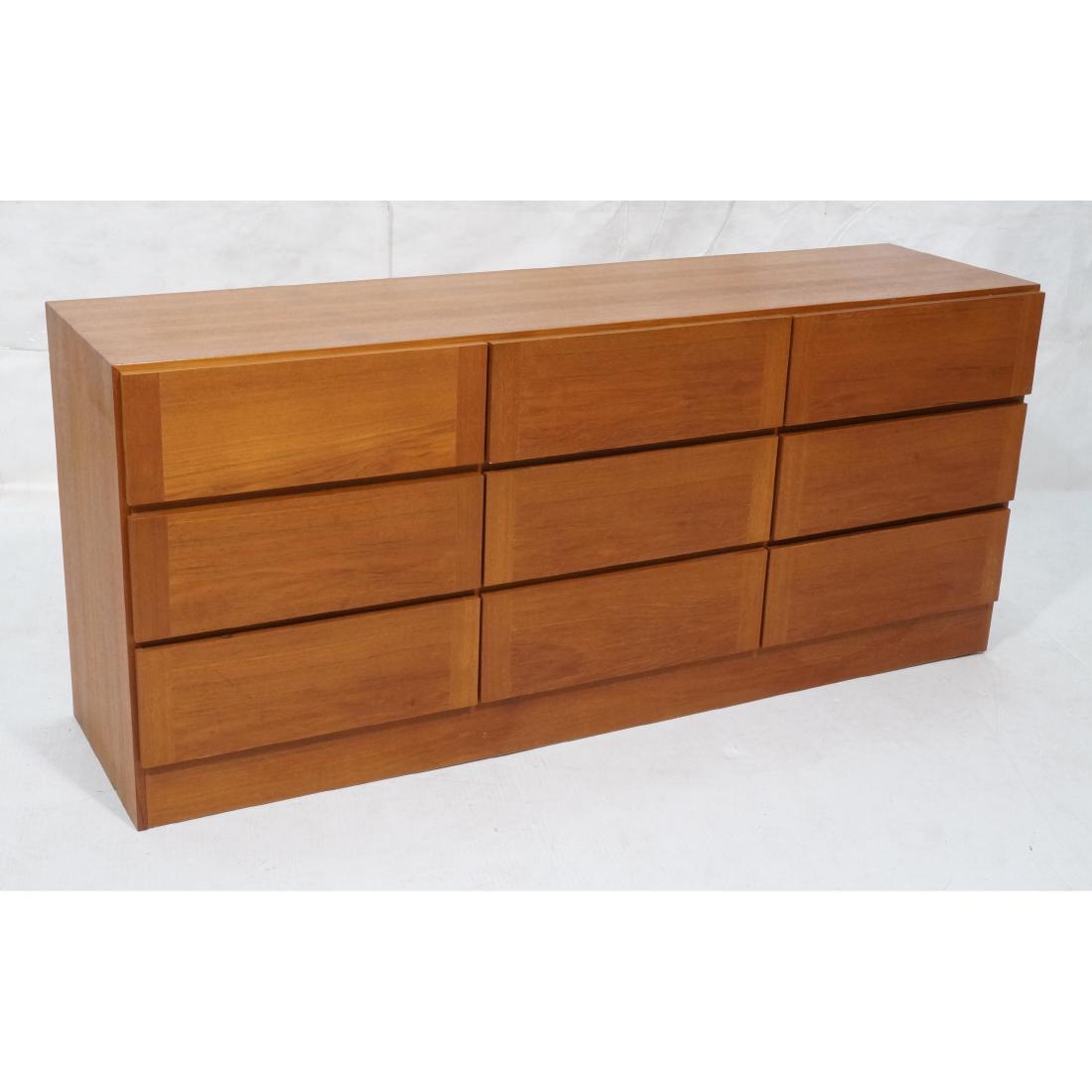 Danish Modern Teak 9 Drawer Credenza Sideboard Dr: Danish Modern Teak 9 Drawer Credenza Sideboard Dresser. Banded drawer fronts, platform base. -- Dimensions: H: 29.5 inches: W: 68 inches: D: 18 inches ---