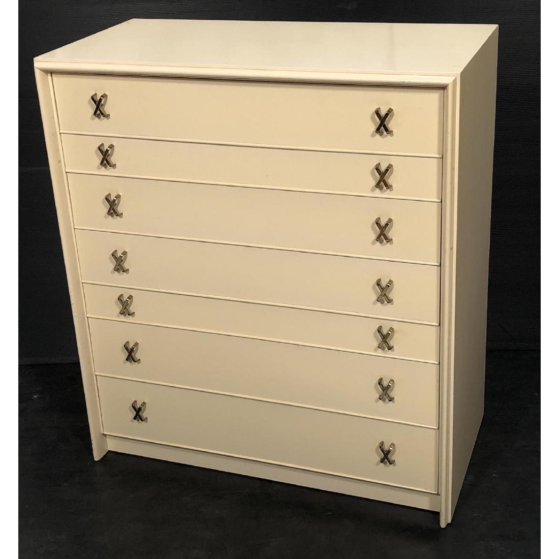 Cream Lacquered PAUL FRANKL Tall Chest. Tapered f: Cream Lacquered PAUL FRANKL Tall Chest. Tapered front frame signature brass X hardware. -- Dimensions: H: 45 inches: W: 40 inches: D: 21 inches ---