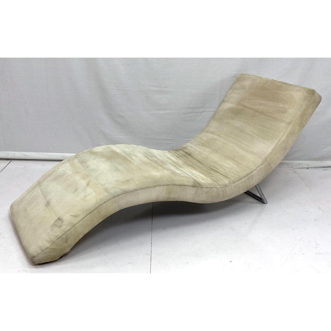 MAURICE VILLENCY Elegant Upholstered Chaise Loung: MAURICE VILLENCY Elegant Upholstered Chaise Lounge. Cream velvet upholstery with sparkle highlights. Chrome tube frame base. Marked.-- Dimensions: H: 32 inches: W: 26 inches: D: 73 inches ---