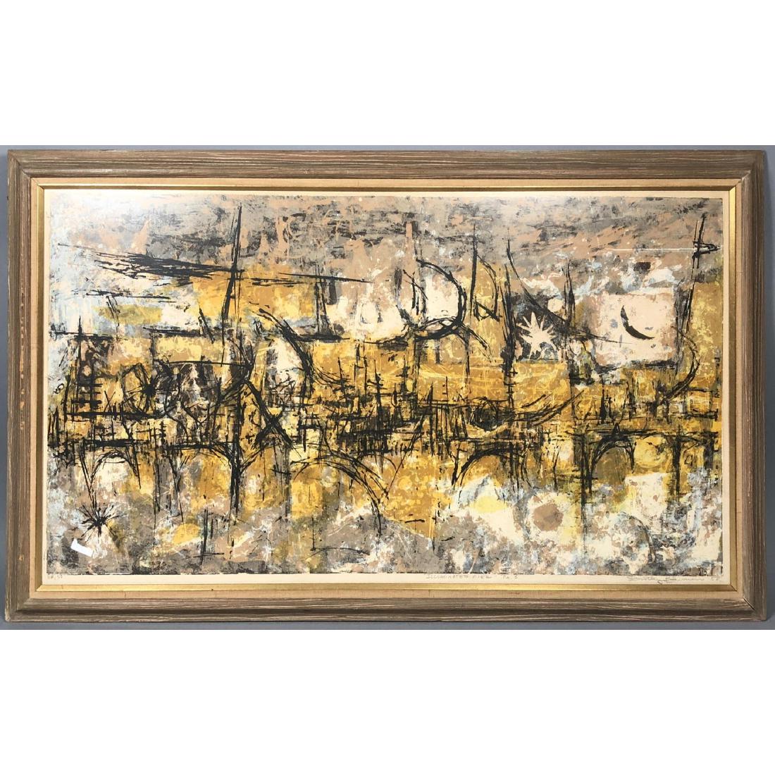 DOROTHY BOWMAN Landscape Modernist Print. "Illumi: DOROTHY BOWMAN Landscape Modernist Print. "Illuminated Pier No. 3" Mottled neutral palette. Pencil signed dated 58. Ed. 50.-- Dimensions: Image Size: H: 19.25 inches: W: 34.5 inches ---