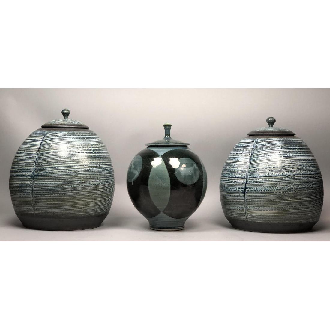 3pc American Studio Pottery Lidded Vessel Vases. (1 of 7)