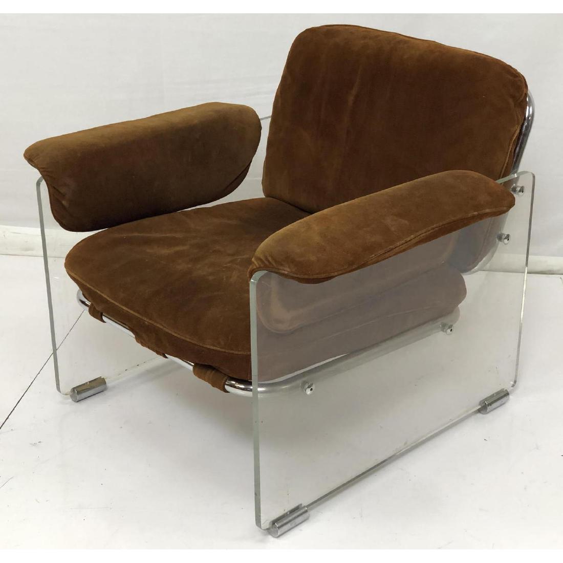 Lucite Modernist Brown Suede Upholstered Lounge C: Lucite Modernist Brown Suede Upholstered Lounge Chair. Tube chrome frame with lucite panel sides. POLFLEX Italian. ARTEGNA. Marked. -- Dimensions: H: 30 inches: W: 35 inches: D: 33 inches ---