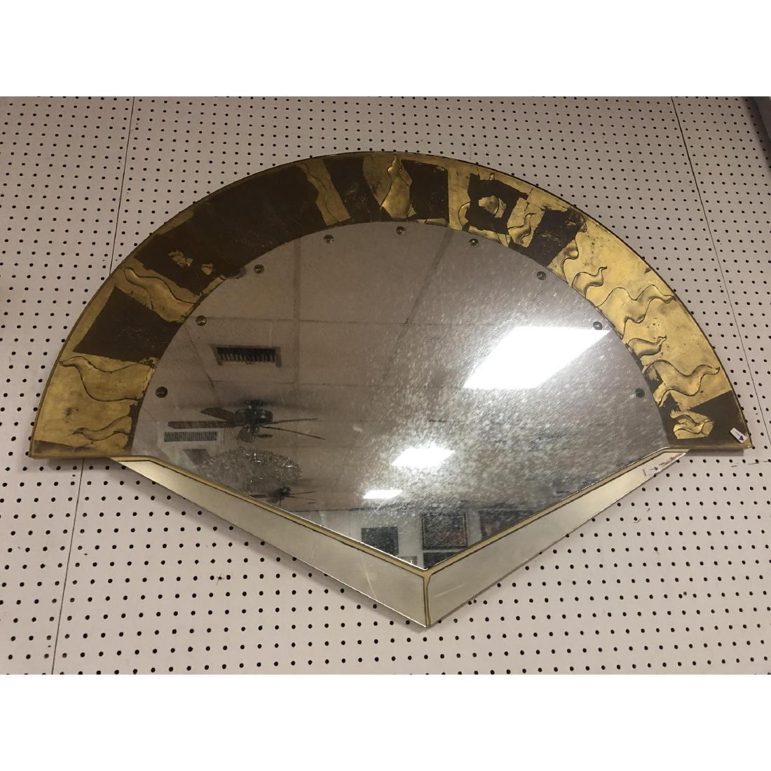 DAVID MARSHALL Fan Shaped Decorator Gilt Glass Fr: DAVID MARSHALL Fan Shaped Decorator Gilt Glass Frame Wall Mirror. Gilt foil sun ray frame. Triangular framed base. Signed-- Dimensions: H: 35 inches: W: 48 inches ---