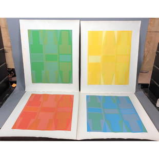 4pc ARTHUR BODEN Serigraph Modernist  Prints. Col: 4pc ARTHUR BODEN Serigraph Modernist Prints. Colorful block image prints. Signed. Edit Numbers. #68, #66, #65, #66/100.-- Dimensions: Image Size: H: 21.75 inches: W: 17 inches ---