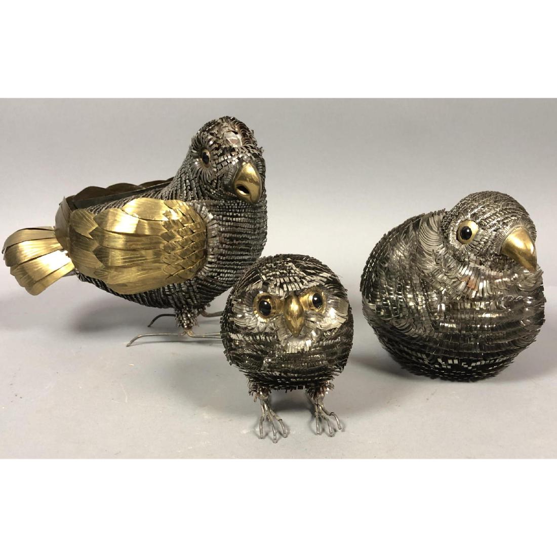 3pc Sculptural Figural Bird Sculptures. Cut and p: 3pc Sculptural Figural Bird Sculptures. Cut and plumed aluminum, brass. Jere Bustamante Style.-- Dimensions: H: 9 inches: W: 12 inches: D: 7 inches ---