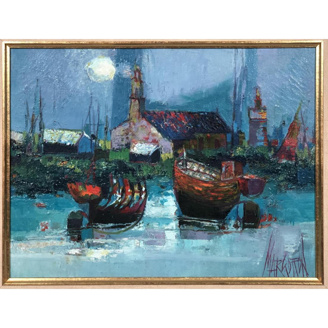 RENE MARGOTTON Oil PAinting on Canvas. Camaret a: RENE MARGOTTON Oil PAinting on Canvas. Camaret au Port Calme. Boats with Buildings. Newman Galleries Label. -- Dimensions: H: 10 inches: W: 13 inches ---