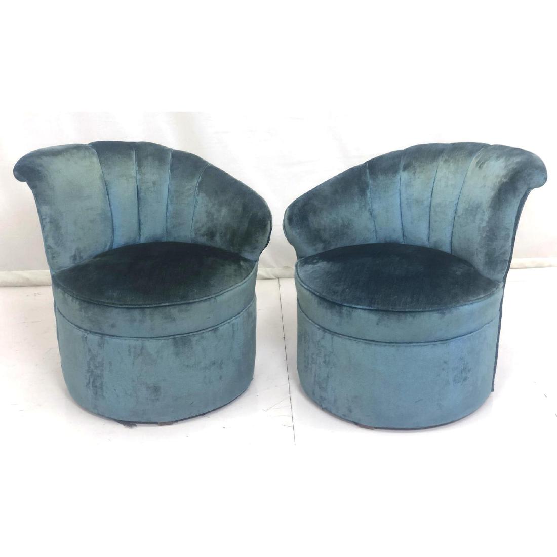 Pr Angled Barrel Back Round Lounge Chairs. Aqua v: Pr Angled Barrel Back Round Lounge Chairs. Aqua velvet upholstery, channeled back. Art deco modernist style. Designed with opposing angles.-- Dimensions: H: 29.5 inches: W: 31 inches: D: 28 inches ---
