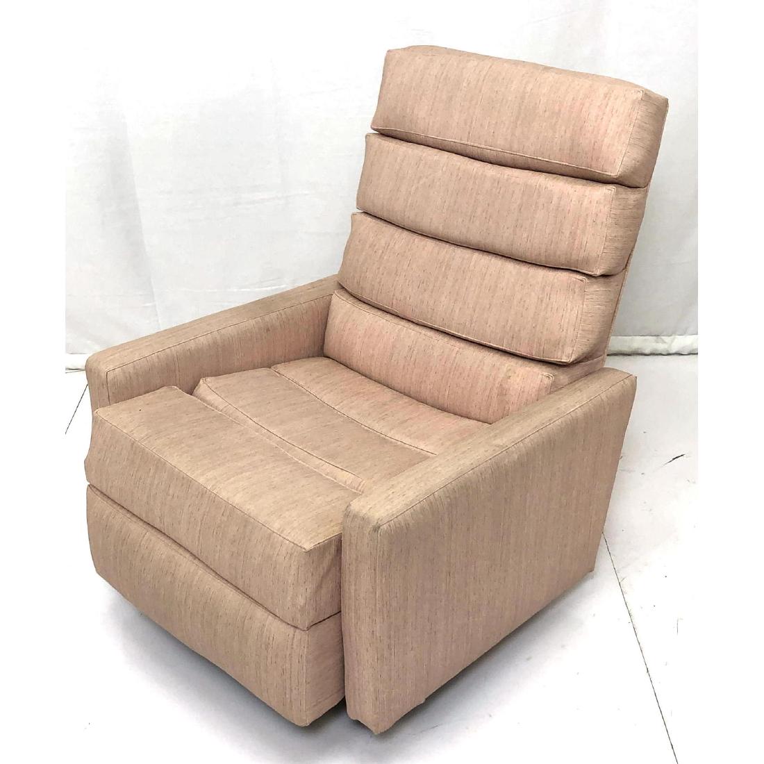 MILO BAUGHMAN for THAYER COGGIN Modernist Recline: MILO BAUGHMAN for THAYER COGGIN Modernist Recliner. Patterned pink vinyl upholstery on modernist lounge chair with low profile arms. Channel upholstered details. Chair rocks and reclines. Marked.-- Di