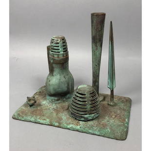 KLAUS IHLENFELD Green Patina Modernist Sculpture.: KLAUS IHLENFELD Green Patina Modernist Sculpture. Organic Bronze Sculpture with "trees" and "Bushes" . Initialed. Warm green patina. -- Dimensions: H: 11 inches: W: 12.5 inches: D: 8 inches ---