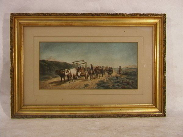 PETER MORAN Antique Print Down the Arroyo to Santa: PETER MORAN Antique Print Down the Arroyo to Santa Fe NM, in Original Antique Gold Gilt frame Dimensions: H: 5.5 inches: W: 12 inches Condition: Excellent condition. US Shipping charge: $14
