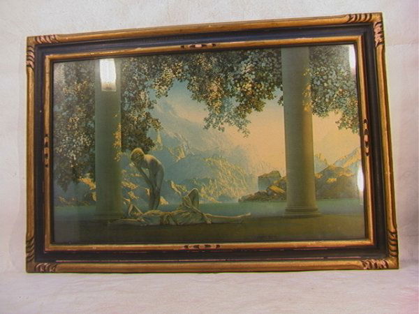Lg MAXFIELD PARRISH Daybreak in Original Frame. Ho: Lg MAXFIELD PARRISH Daybreak in Original Frame. House of Art, NY Dimensions: H: 17.5 inches: W: 29.5 inches Condition: Very Good Condition. Some foxing, some wear to frame. US Shipping charge: $50