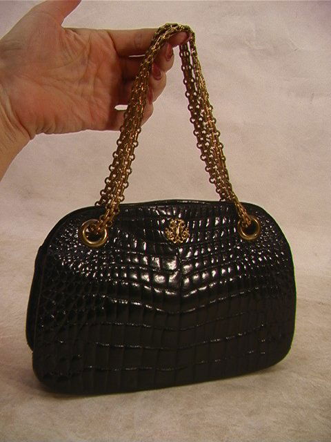 Fine Black crocodile alligator bag handbag purse: Fine Black crocodile alligator bag handbag purse with original Handle Made in France - Morabito Black leather lined crocodile handbag made in France. The M emblem on front may be an early Morabito mar