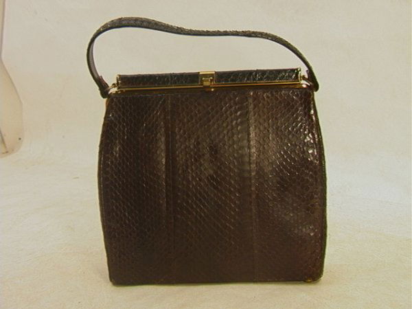 Dark Brown Snakeskin Kelly Bag Excellent 1950's S: Dark Brown Snakeskin Kelly Bag Excellent 1950's Style. Dimensions: H: 8 inches: W: 9.5 inches Condition: Excellent vintage condition US Shipping charge: $14