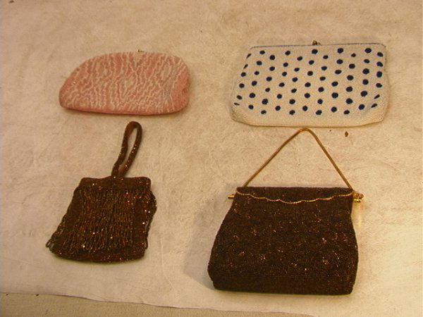 Lot 4 Beaded Purse Bags: JORELLE, Belgium etc. 1): Lot 4 Beaded Purse Bags: JORELLE, Belgium etc. 1). Vintage BELGIUM Bag white with bright blue dots. Rhinestone clasp. 2). JORELLE Bags Belgium Dark and light PINK and WHITE. 3). unmarked Bronze color