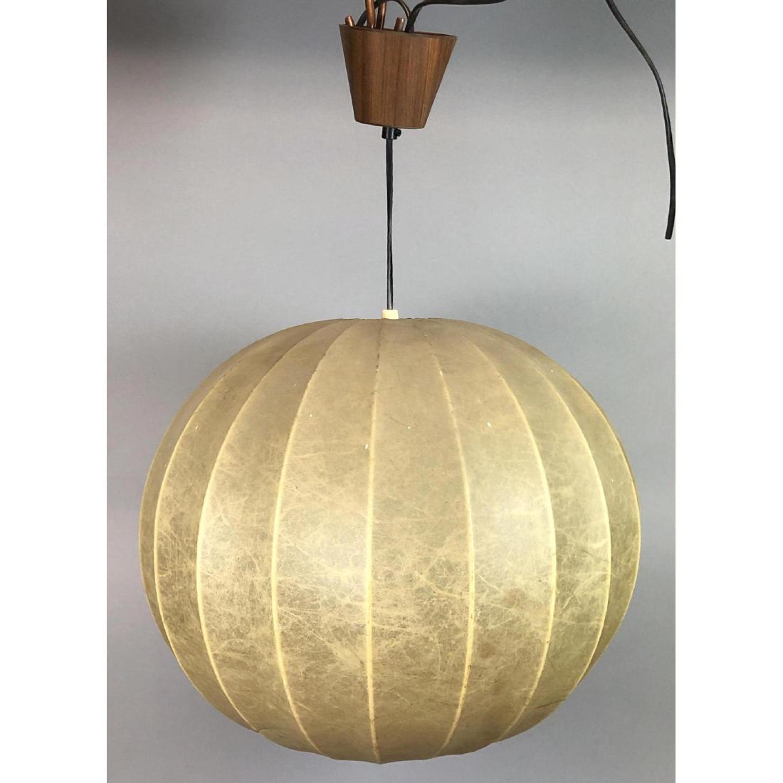 Modernist Stretched Vellum Ball Sphere Hanging Pe: Modernist Stretched Vellum Ball Sphere Hanging Pendant Chandelier. Walnut veneer ceiling cap.-- Dimensions: H: 23.5 inches: W: 17 inches: D: 17 inches ---