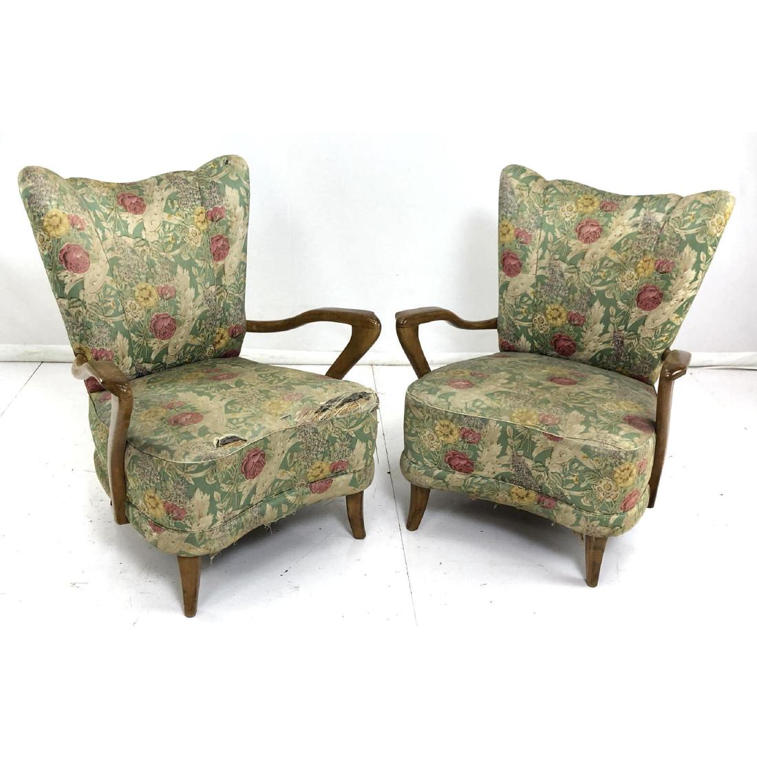 Pr Art Deco Arm Lounge Chairs. Wood tapered legs.: Pr Art Deco Arm Lounge Chairs. Wood tapered legs. Free form exposed wood arms. Floral fabric.-- Dimensions: H: 35 inches: W: 29 inches: D: 28 inches ---