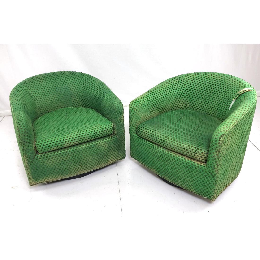 Pr Vintage Milo Baughman Style Barrel Back Chairs: Pr Vintage Milo Baughman Style Barrel Back Chairs. Ebonized wood swivel bases.-- Dimensions: H: 26 inches: W: 30 inches: D: 30 inches ---