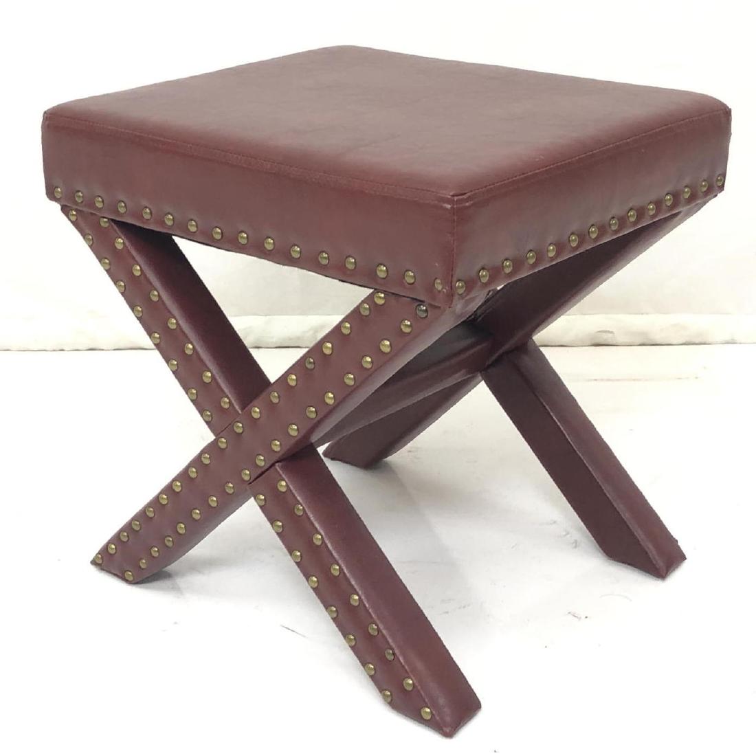 Wine Vinyl X Base Stool Bench. Decorator brass st: Wine Vinyl X Base Stool Bench. Decorator brass stud trim. -- Dimensions: H: 18.5 inches: W: 19 inches: D: 16 inches ---