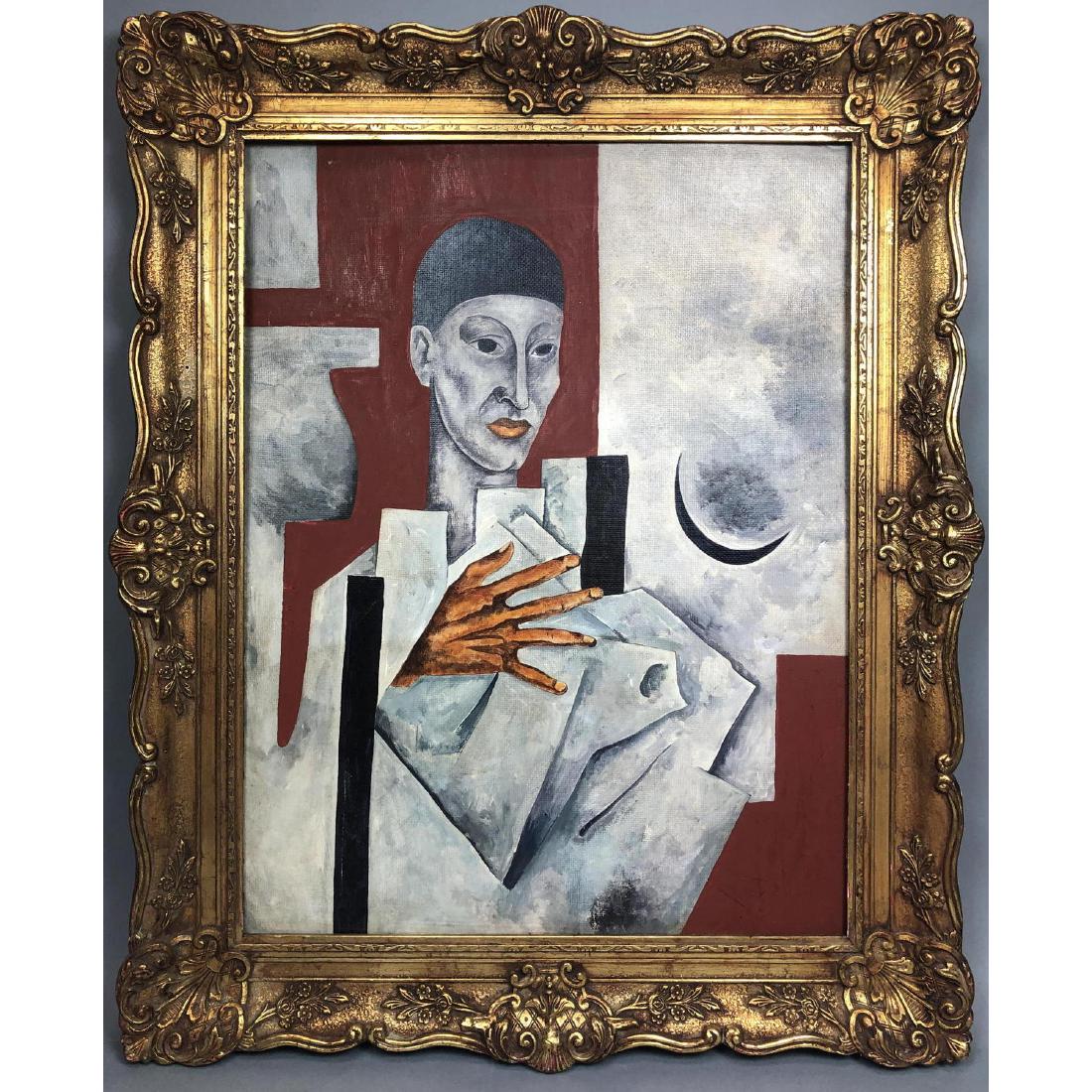 Unsigned Cubist Modernist Painting. Male figure i: Unsigned Cubist Modernist Painting. Male figure in black cap with folded paper. Painted on masonite. Ornate frame.-- Dimensions: Image Size: H: 23.25 inches: W: 17.5 inches ---