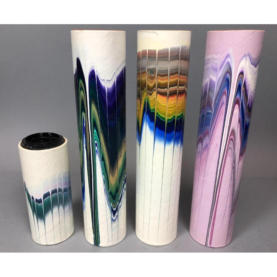 Lot of 4 PEACH REYNOLDS Artisan Made Kaleidoscope: Lot of 4 PEACH REYNOLDS Artisan Made Kaleidoscopes. Handmade marbled paper exteriors and colorful kaleidoscopic interiors with elements in oil. Three 12.5" scopes dated 1987 & 1988. Smaller scope incl