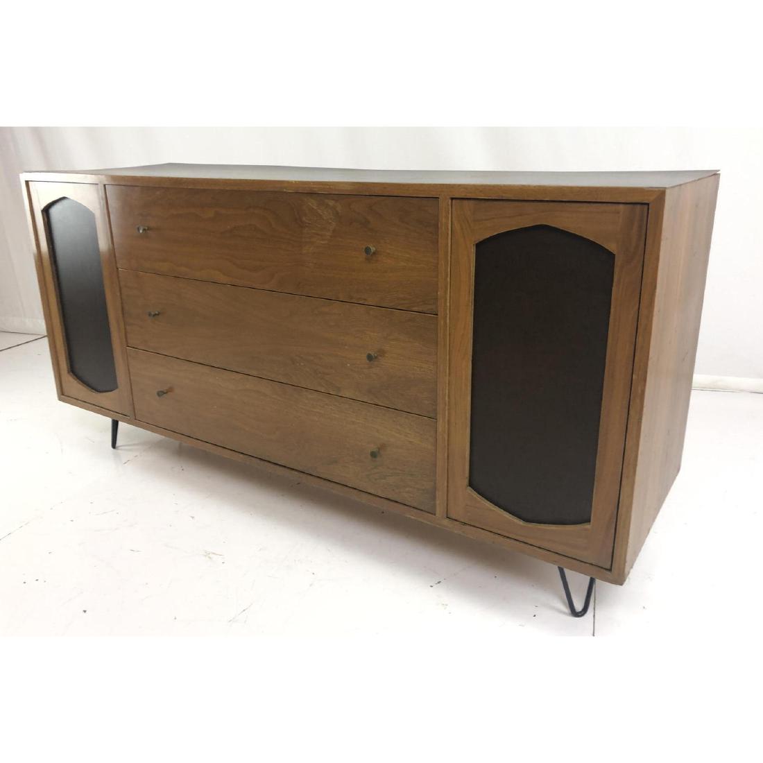 American Modern Walnut Credenza Hairpin Legs. Dar: American Modern Walnut Credenza Hairpin Legs. Dark leather door inserts. Dark laminate top.-- Dimensions: H: 30 inches: W: 60 inches: D: 18 inches ---