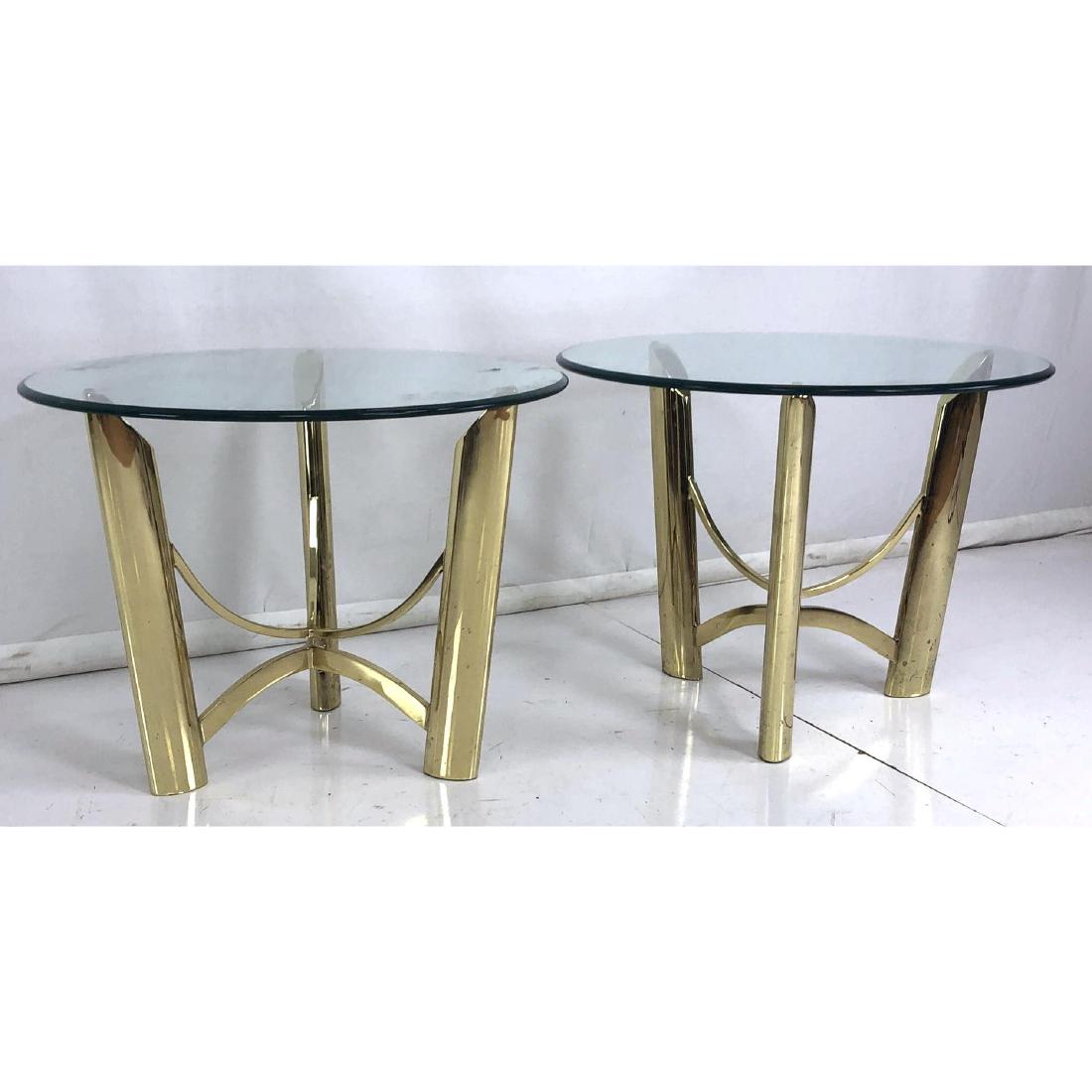 Pr Round Bevel Glass & Brass End Tables. 3 legs w (1 of 7)