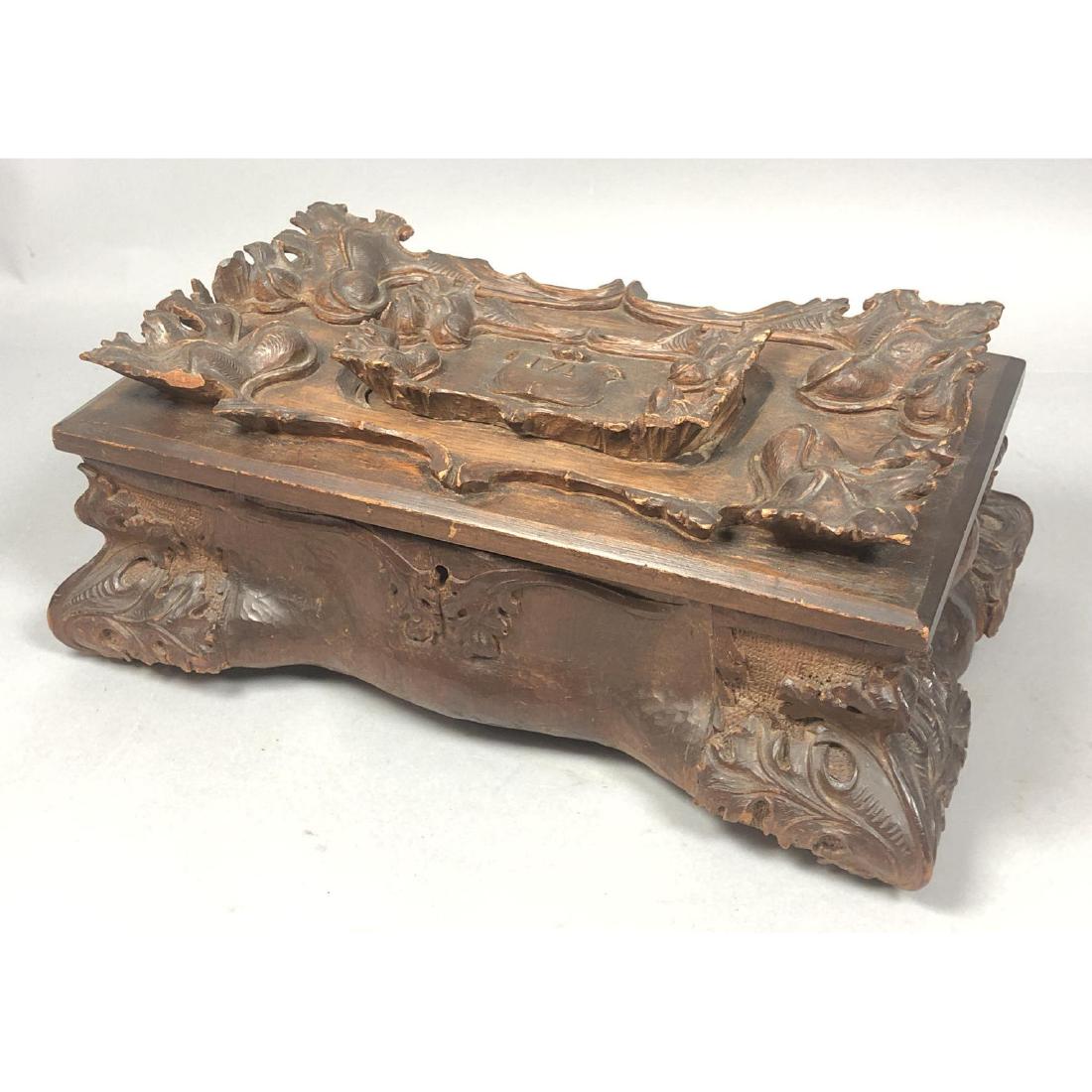 Signed Antique Hand Carved Wood Box Casket. Deep (1 of 12)