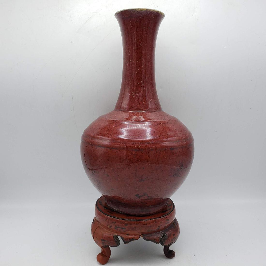 Red Glazed Chinese Pottery Vase. Long neck form o (1 of 9)