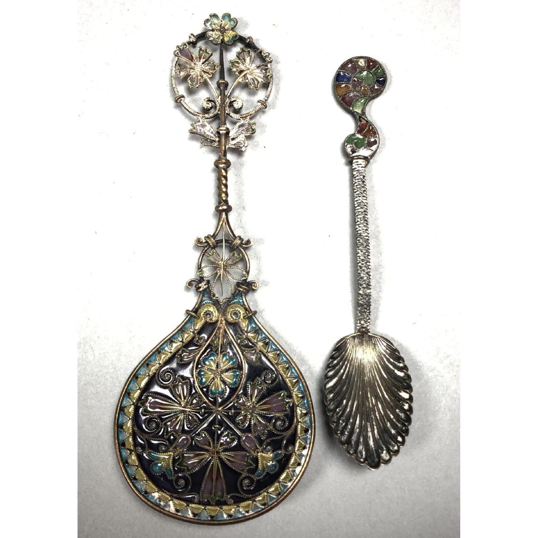 2pc Silver Plique a Jour Spoons. Wide paddle spoo (1 of 9)