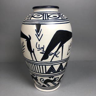 METTE DOLLER Swedish Pottery Vase. Figural: Modernist Swedish Pottery Vase. Figural animals in blue glaze on off white body. Designed by METTE DOLLER for HOGANAS ANDERSON JOHANSSON Pottery Sweden. Impressed AJ mark and Hoganes. Hand-made in Swe