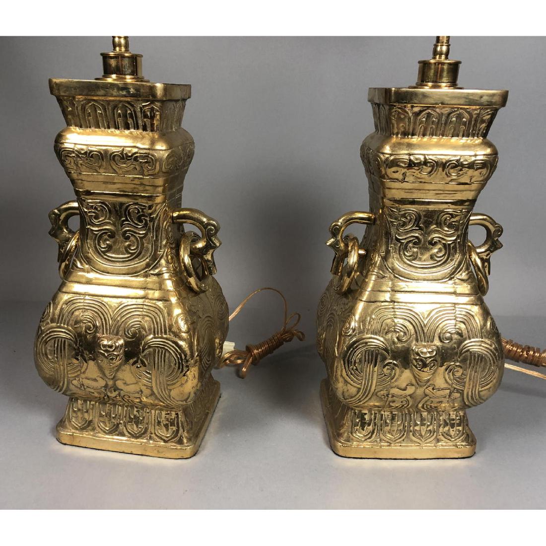 Pr Heavy Brass Tribal Handled Form Table Lamps. (1 of 9)