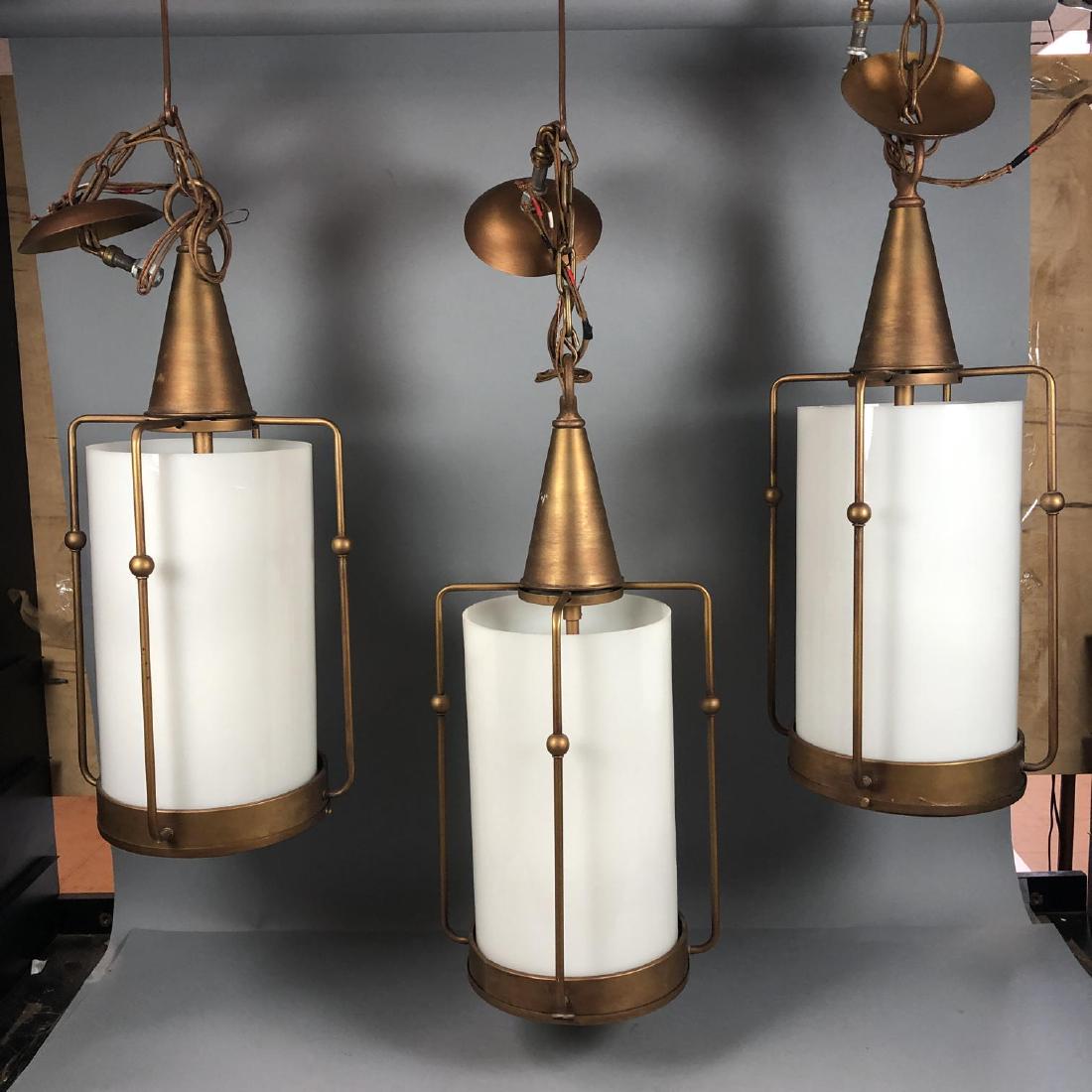 3 Cylindrical Milk Glass Hanging Pendant Lights. (1 of 11)