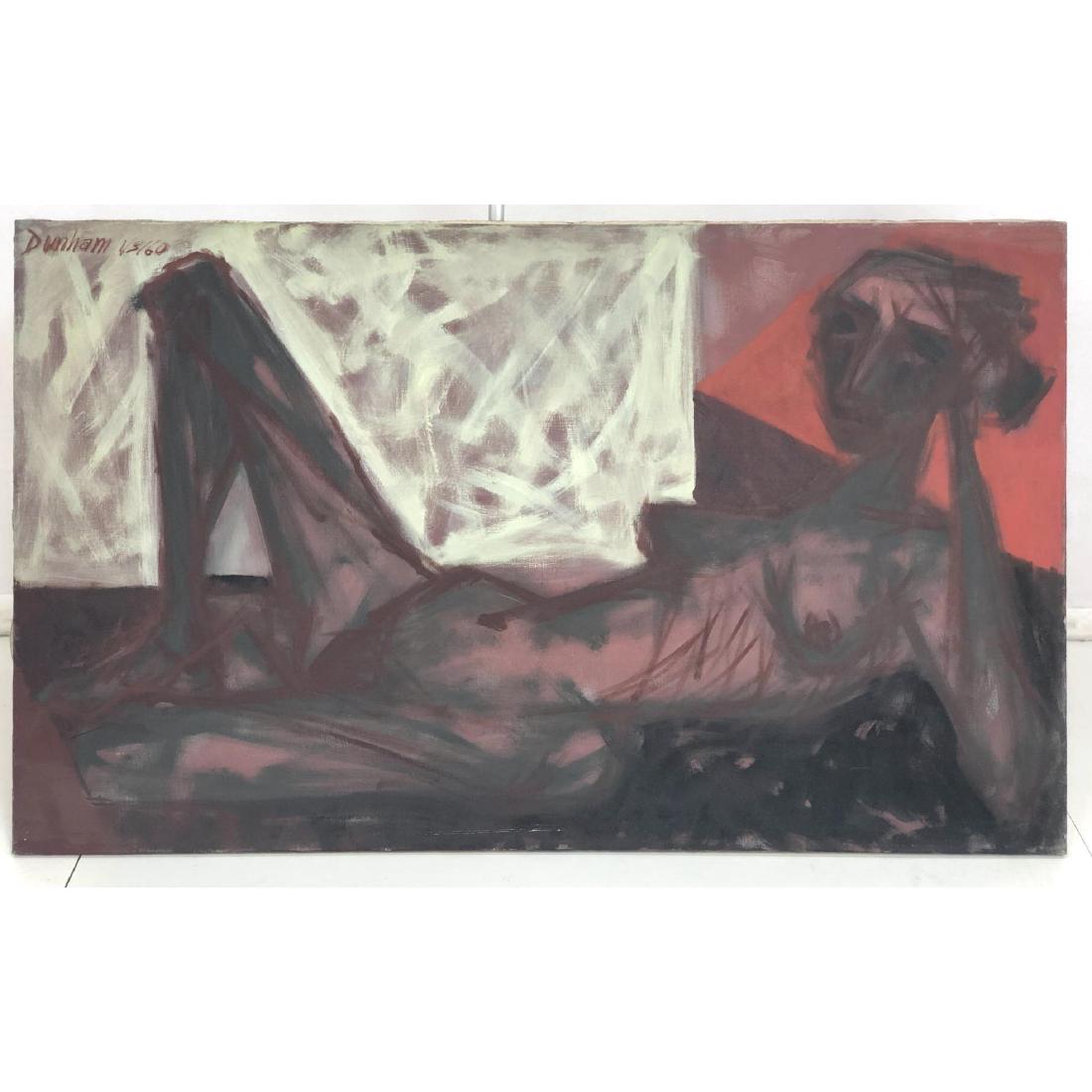 Signed Jacques Dunham Modernist Oil Painting. Rec: Signed Jacques Dunham Modernist Oil Painting. Reclining Nude Female Figure. Red Ground. Signed and dated 1/3/60. Jacques Ralph Dunham. He was a man of the mid century design movement. Born in Paris 19