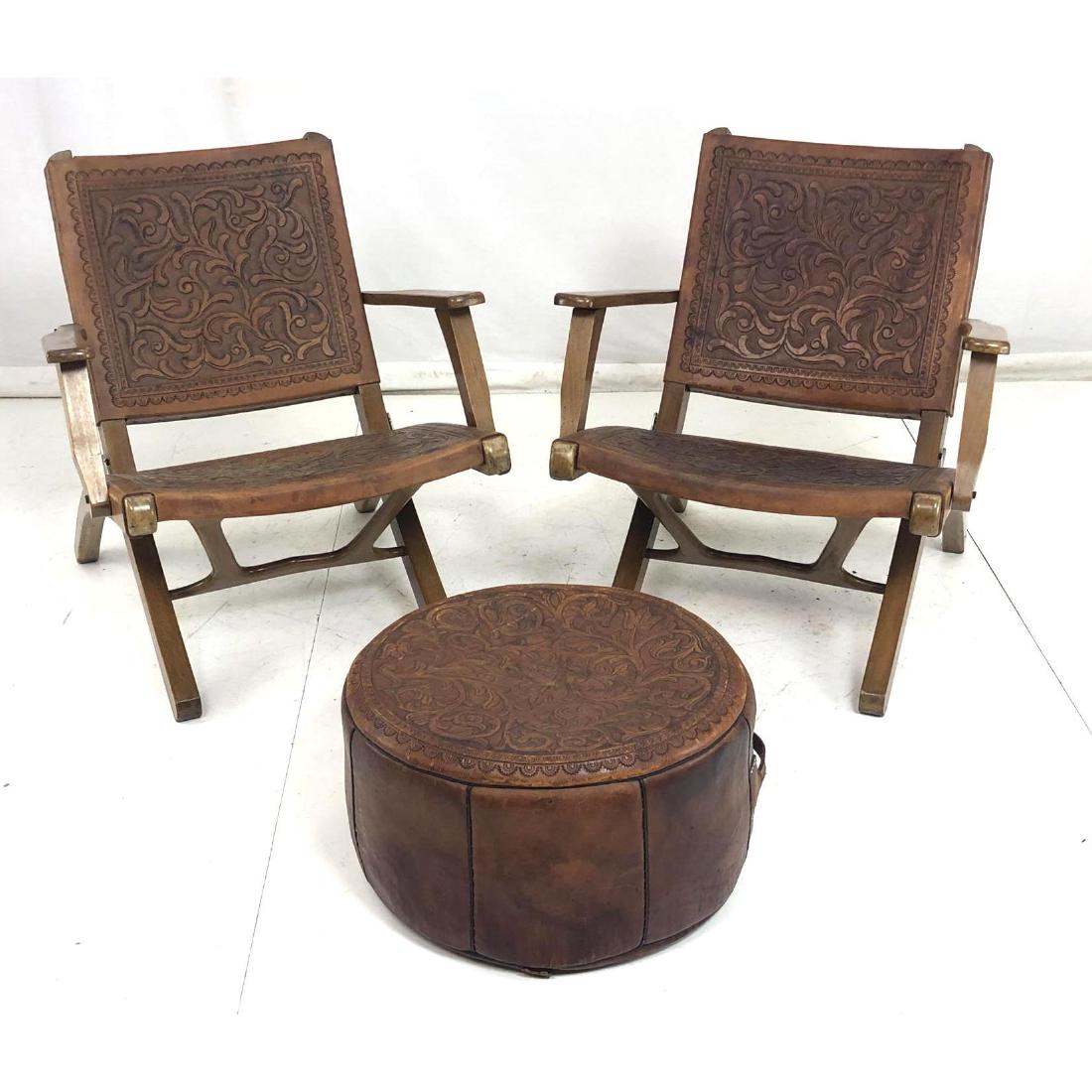 Pr Tooled Leather Mexican Lounge Chairs with Ottoman (1 of 17)