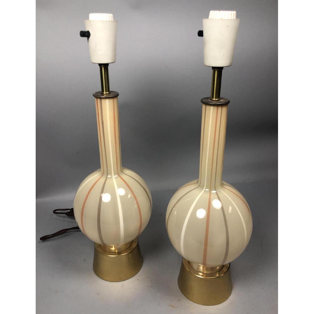 Pr LIGHTOLIER Murano Art Glass Table Lamps. Long: Pr LIGHTOLIER Murano Art Glass Table Lamps. Long neck bulbous glass forms. Beige with white, taupe and rust stripes. Polished brass bases. Marked on the on/off switch.-- Dimensions: H: 22.25 inches: W