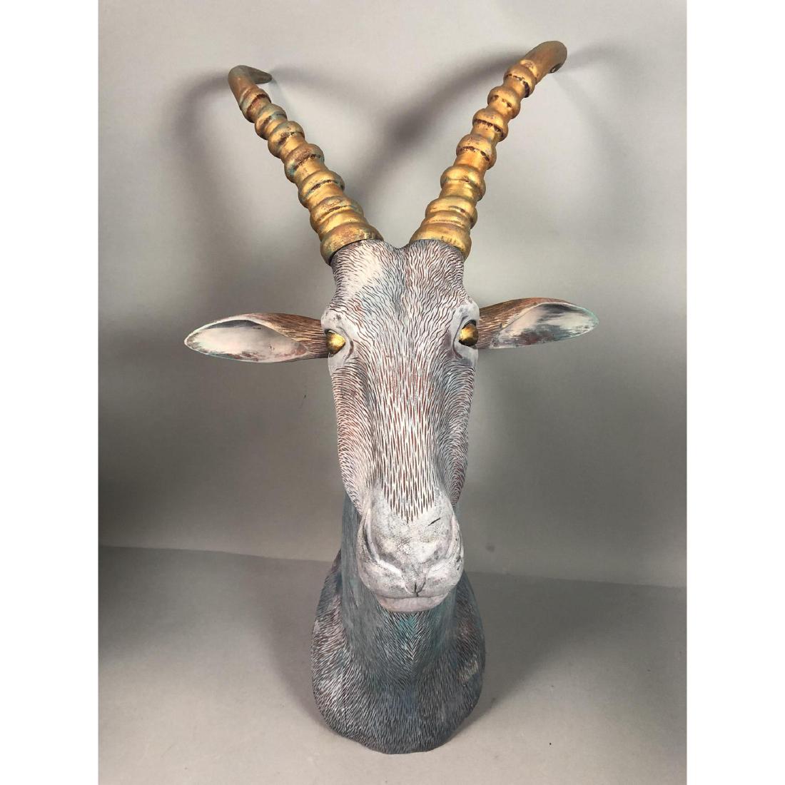 Hand Carved Figural Antelope Wall Mounted Sculptu: Hand Carved Figural Antelope Wall Mounted Sculpture. Polychrome finish with gold horns, eyes and mane. -- Dimensions: H: 30 inches: W: 19.5 inches: D: 22 inches ---