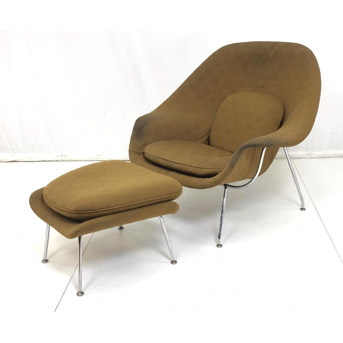 2pc EERO SAARINEN for KNOLL "Womb Chair" & Ottoma: 2pc EERO SAARINEN for KNOLL "Womb Chair" & Ottoman. Brown fabric on chrome legs. Iconic modernist chair. Knoll label. -- Dimensions: H: 34 inches: W: 40 inches: D: 36 inches ---